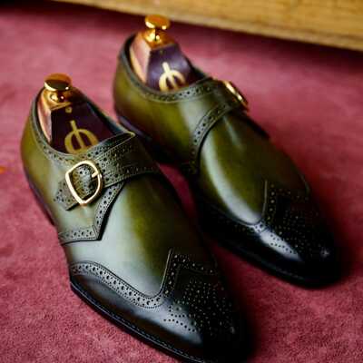 Men's two tone double buckle shoes, handmade wing tip leather shoes, brogue toe shoes