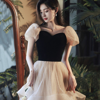 Cute Velvet Tulle Short Prom Dress, A-Line Short Sleeve Evening Dress - Thumbnail 1