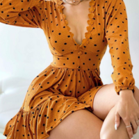 Fashion Elegant Deep V-Neck Long Sleeved Dress - Thumbnail 1