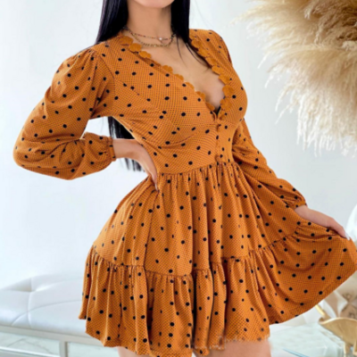 Fashion elegant deep v-neck long sleeved dress