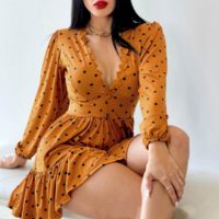 Fashion Elegant Deep V-Neck Long Sleeved Dress - Thumbnail 2