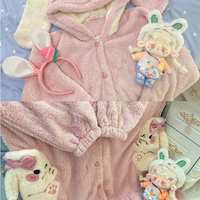 Lop Ear Bunny Rabbit Pink Cute Cartoon Women Girl Thick Plush Coral Fleece Warm Winter Pajamas Sleepwear Hooded Nightgown Coat & Pants Two Piece Set - Thumbnail 7