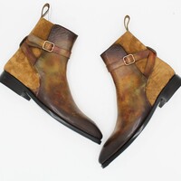  Handmade Men Custom Made Denim Brown Suede Patina Leather Jodhpur Ankle High Monk Boots - Thumbnail 1