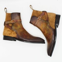  Handmade Men Custom Made Denim Brown Suede Patina Leather Jodhpur Ankle High Monk Boots - Thumbnail 2