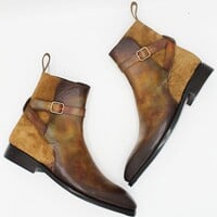  Handmade Men Custom Made Denim Brown Suede Patina Leather Jodhpur Ankle High Monk Boots - Thumbnail 3
