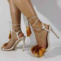 Women Slippers Fur Mule High Heels Sandals Pointed Toe Party Shoes Lace Up Sandalias  - Thumbnail 1