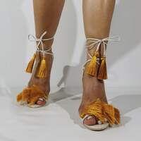 Women Slippers Fur Mule High Heels Sandals Pointed Toe Party Shoes Lace Up Sandalias  - Thumbnail 2