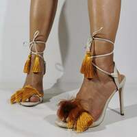 Women Slippers Fur Mule High Heels Sandals Pointed Toe Party Shoes Lace Up Sandalias  - Thumbnail 3