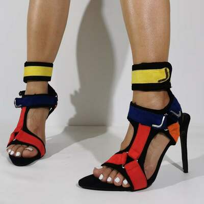 Newest women fashion patchwork red yellow blue stiletto heel sandals metal buckle ankle wrap high heel sandals dress shoes