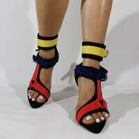 Newest Women Fashion Patchwork Red Yellow Blue Stiletto Heel Sandals Metal Buckle Ankle Wrap High Heel Sandals Dress Shoes - Thumbnail 1