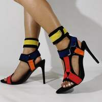 Newest Women Fashion Patchwork Red Yellow Blue Stiletto Heel Sandals Metal Buckle Ankle Wrap High Heel Sandals Dress Shoes - Thumbnail 3