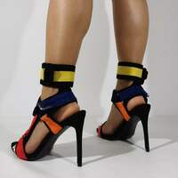 Newest Women Fashion Patchwork Red Yellow Blue Stiletto Heel Sandals Metal Buckle Ankle Wrap High Heel Sandals Dress Shoes - Thumbnail 2