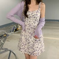 2PCS Purple Floral Spaghetti Strap Mini Dress + Cardigan  - Thumbnail 4