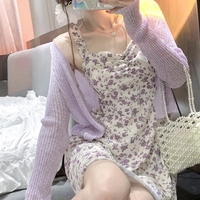 2PCS Purple Floral Spaghetti Strap Mini Dress + Cardigan  - Thumbnail 3