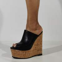 High Heels Womens Wedge Sandals Summer Slip-On Platform Sandal Peep Toe Comfy Shoes-Black - Thumbnail 4