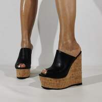 High Heels Womens Wedge Sandals Summer Slip-On Platform Sandal Peep Toe Comfy Shoes-Black - Thumbnail 3