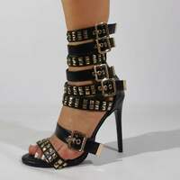 Rivets Straps Open Toe Ankle Wraps Stiletto High Heel Sandals - Thumbnail 1