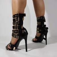 Rivets Straps Open Toe Ankle Wraps Stiletto High Heel Sandals - Thumbnail 2