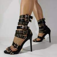 Rivets Straps Open Toe Ankle Wraps Stiletto High Heel Sandals - Thumbnail 4