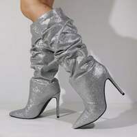 Slouch Mid-Calf Boots Thin High Heel Sexy Pointed Toe Women Dress Boots Slip On Pleated Snake Skin Custom Made Casual Dress Boot - Thumbnail 1