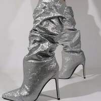 Slouch Mid-Calf Boots Thin High Heel Sexy Pointed Toe Women Dress Boots Slip On Pleated Snake Skin Custom Made Casual Dress Boot - Thumbnail 2