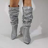 Slouch Mid-Calf Boots Thin High Heel Sexy Pointed Toe Women Dress Boots Slip On Pleated Snake Skin Custom Made Casual Dress Boot - Thumbnail 4