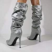 Slouch Mid-Calf Boots Thin High Heel Sexy Pointed Toe Women Dress Boots Slip On Pleated Snake Skin Custom Made Casual Dress Boot - Thumbnail 5