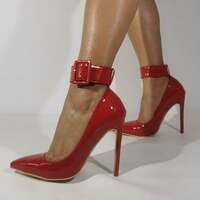 Red Matte Pointy Toe Pumps Big Buckle Stiletto Thin High Heel Wedding Shoes Celebrity Pumps - Thumbnail 1