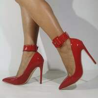 Red Matte Pointy Toe Pumps Big Buckle Stiletto Thin High Heel Wedding Shoes Celebrity Pumps - Thumbnail 4
