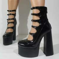 Platform Pumps with Straps for Women Round Toe Back Zip Up Thick High Heels Sandals  - Thumbnail 3