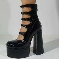 Platform Pumps with Straps for Women Round Toe Back Zip Up Thick High Heels Sandals  - Thumbnail 4