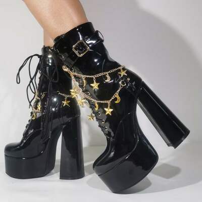 Women's platform boots chunky high heel lace-up ankle boots with chain and pearl black punk goth boots