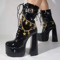 Women's Platform Boots Chunky High Heel Lace-up Ankle Boots with Chain and Pearl Black Punk Goth Boots - Thumbnail 1