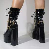 Women's Platform Boots Chunky High Heel Lace-up Ankle Boots with Chain and Pearl Black Punk Goth Boots - Thumbnail 3