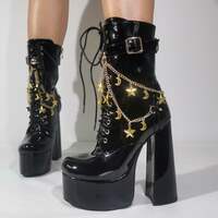 Women's Platform Boots Chunky High Heel Lace-up Ankle Boots with Chain and Pearl Black Punk Goth Boots - Thumbnail 2