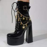 Women's Platform Boots Chunky High Heel Lace-up Ankle Boots with Chain and Pearl Black Punk Goth Boots - Thumbnail 4