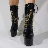 Women's Platform Boots Chunky High Heel Lace-up Ankle Boots with Chain and Pearl Black Punk Goth Boots - Thumbnail 5