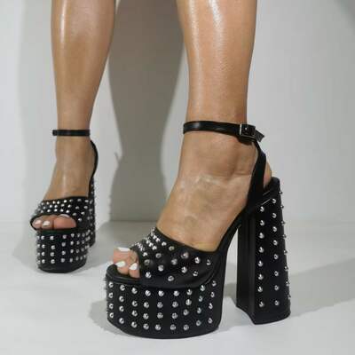 Fashion Sandals Ladies Thick Heel Shoes Waterproof Platform Rivet Heeled Shoes Sexy Evening Club Dress Shoes Summer Ankle Strap Boot