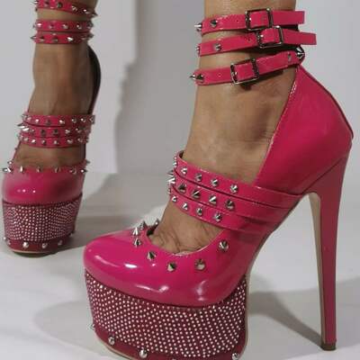 Sexy stiletto rivet platform high heels, classic patent leather fashion rhinestone high heeled women shoes, big large size designer gem metallic spike