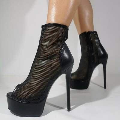 Black fishnet platform booties 