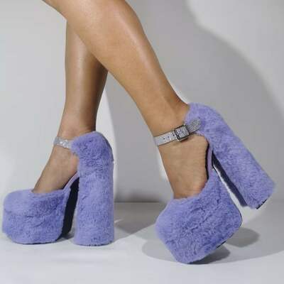 Light purple fluffy fur sandals for women elegant platform shoes square toe dress shoes warm