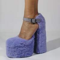 Light Purple Fluffy Fur Sandals for Women Elegant Platform Shoes Square Toe Dress Shoes Warm - Thumbnail 1
