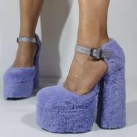 Light Purple Fluffy Fur Sandals for Women Elegant Platform Shoes Square Toe Dress Shoes Warm - Thumbnail 3