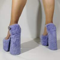 Light Purple Fluffy Fur Sandals for Women Elegant Platform Shoes Square Toe Dress Shoes Warm - Thumbnail 2