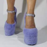 Light Purple Fluffy Fur Sandals for Women Elegant Platform Shoes Square Toe Dress Shoes Warm - Thumbnail 5