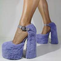 Light Purple Fluffy Fur Sandals for Women Elegant Platform Shoes Square Toe Dress Shoes Warm - Thumbnail 4