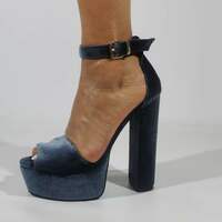 Female High Platform Chunky Heel Velvet Sandals Grey Ankle Straps square High Heel peep toe summer Pumps banquet shoes - Thumbnail 5