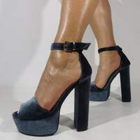 Female High Platform Chunky Heel Velvet Sandals Grey Ankle Straps square High Heel peep toe summer Pumps banquet shoes - Thumbnail 1