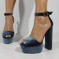 Female High Platform Chunky Heel Velvet Sandals Grey Ankle Straps square High Heel peep toe summer Pumps banquet shoes - Thumbnail 2