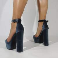 Female High Platform Chunky Heel Velvet Sandals Grey Ankle Straps square High Heel peep toe summer Pumps banquet shoes - Thumbnail 4